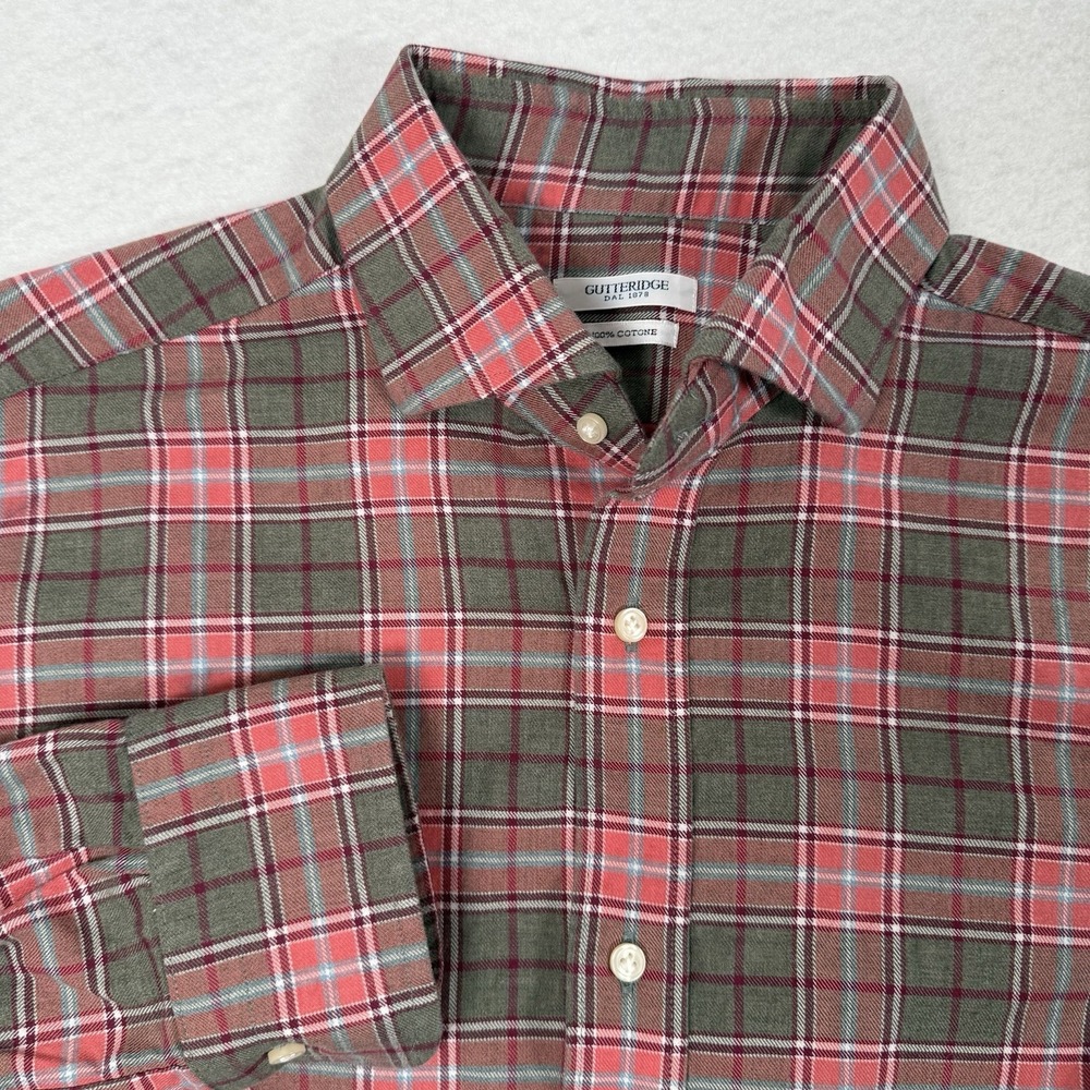 Gutteridge‎ Button Up Shirt Mens 16 41 Plaid Pink Green Red Long Sleeve Cotton